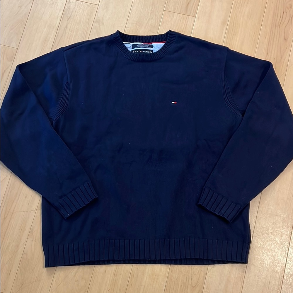 Tommy Hilfiger Navy Blue Crewneck Sweater with Ribbed Collar